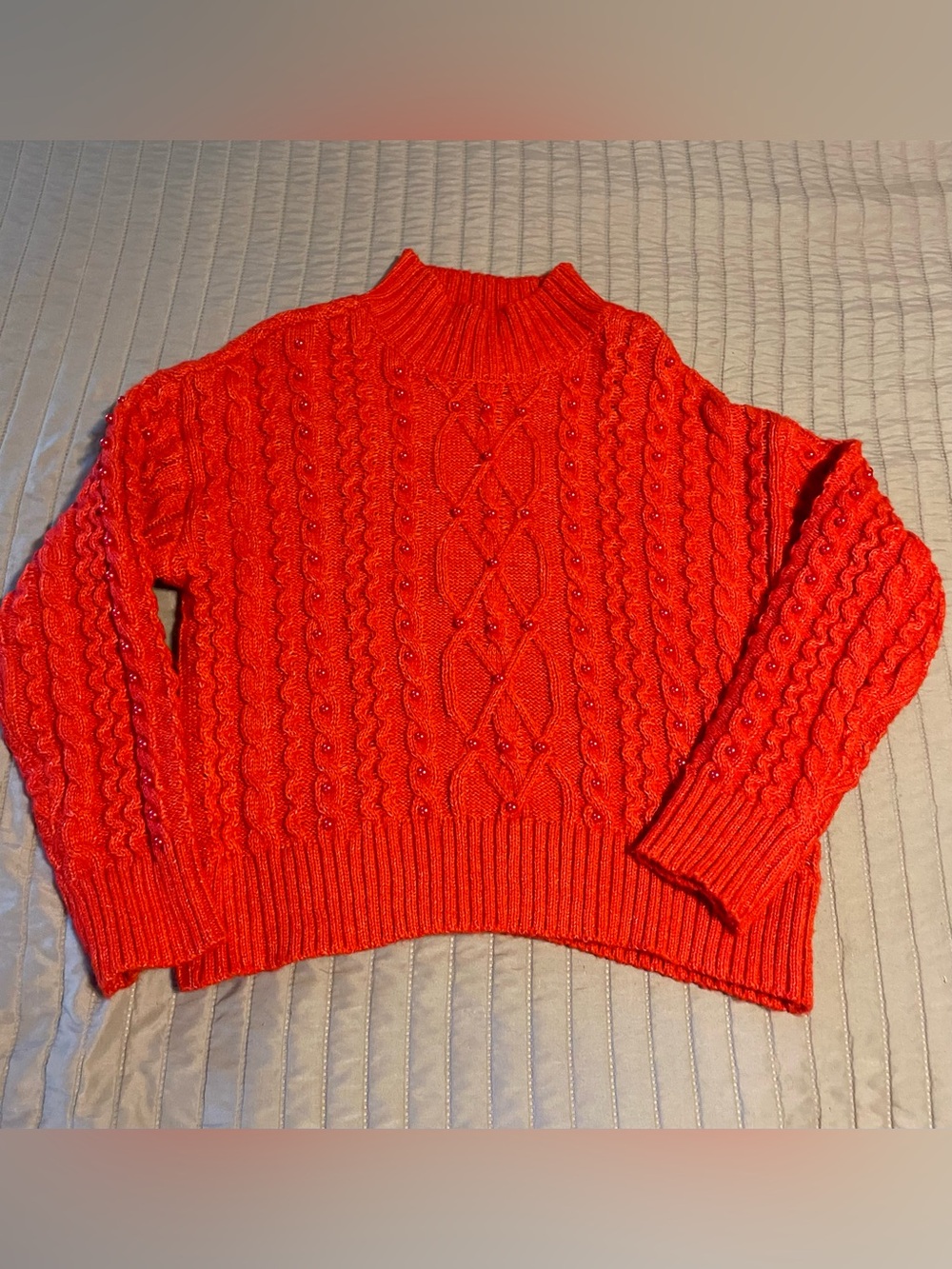 Crown & Ivy Red Cable Knit Pearl Beaded Sweater Small Mock Neck Cozy Winter